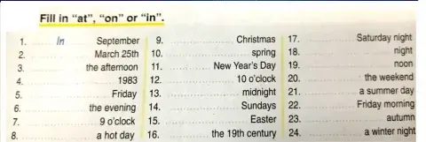 Fill in Prepositions of time