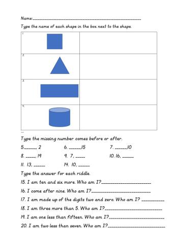 Before- After, Shapes and Number Sense