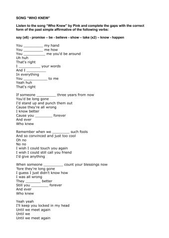 Song -who knew- by pink