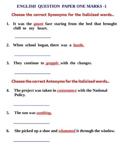 English Question Paper One Marks -Set 1