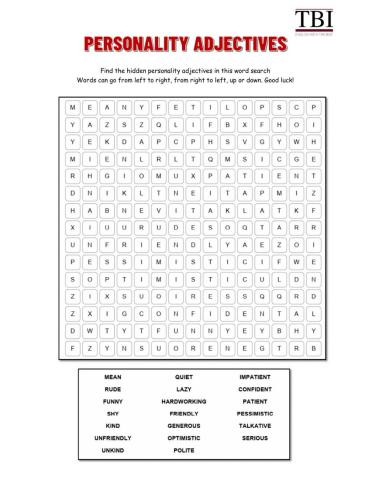 Personality Adjective Wordsearch