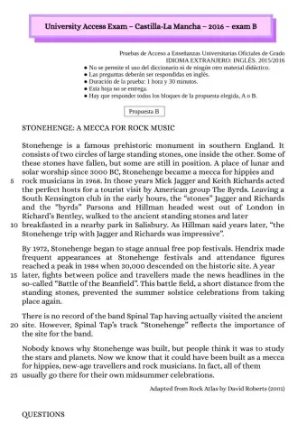 University Access Exam – Stonehenge - A Mecca for Rock Music