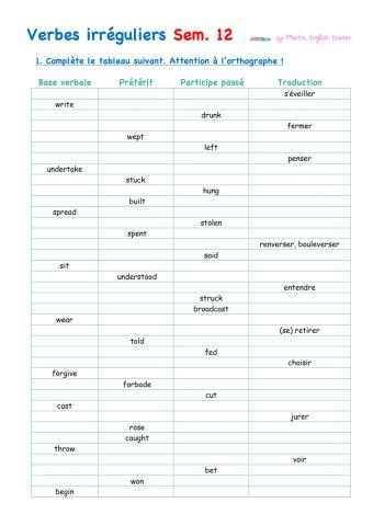 Verbes irréguliers - autoévaluation semaine 12