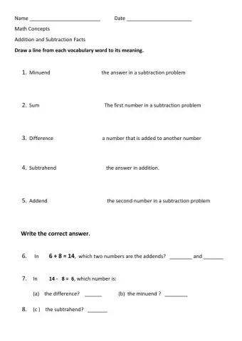 Additition and Subtraction Facts Concepts