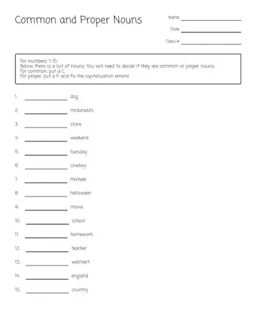 Common and Proper Nouns Practice