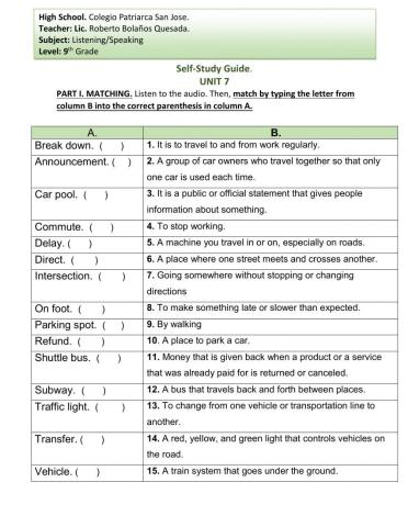 UNIT 7. TRANSPORTATION 1. VOCABULARY AND EXTRA LISTENING. 