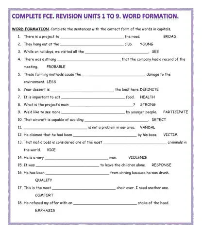 Complete FCE. Revision units 1 to 9. Word Formation.