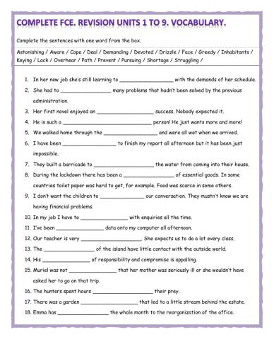 Complete FCE. Revision units 1 to 9. Vocabulary.