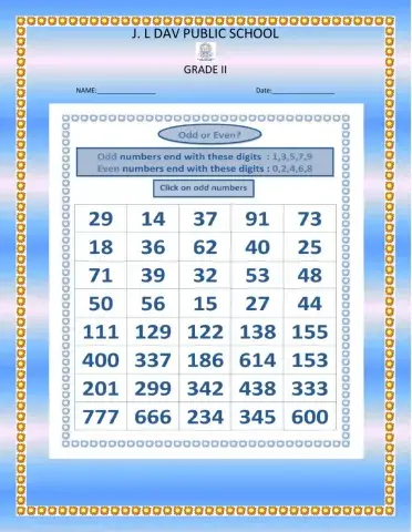 Odd and even numbers grade 2