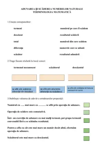 Adunarea și scăderea numerelor naturale- terminologie matematică