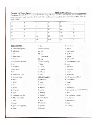 Asi Se Dice- Ch. 1 Vocab Magic Square