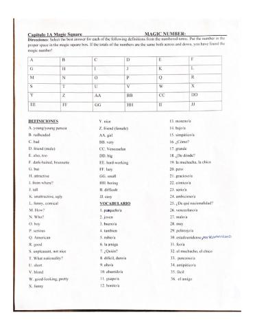 Asi Se Dice- Ch. 1 Vocab Magic Square