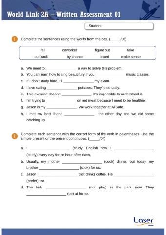 World Link 2 - Written Assessment for Units 1 to 3