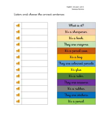 Listen and choose the correct sentence-school objects.