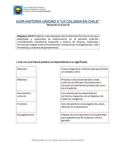 Guía historia unidad 3 “la colonia en chile”