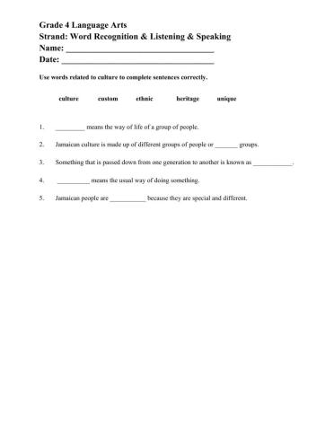 Language Arts-Cultural Heritage Worksheet