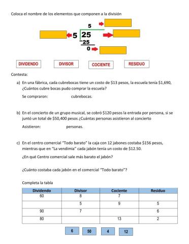 Dividendo, divisor, cociente y residuo