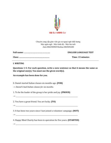 Lớp 11 - Kiểm tra 15 phút - Kỹ năng Viết + Ngữ pháp số 2