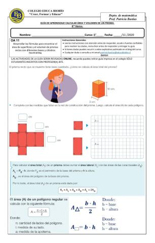 Clase 65 8° Calcular área y volumen de un prisma.