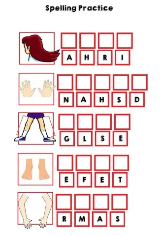 Spelling practice parts of the body