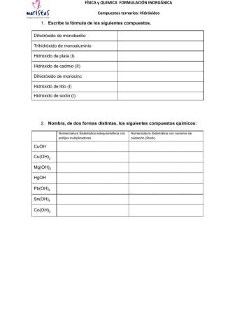 Ejercicio Formulación inorgánica: Compuestos Ternarios: Hidróxidos