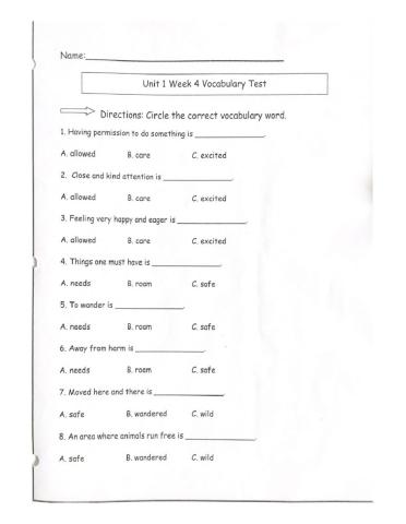 Reading Wonders Unit 1 Week 4 Vocabulary Test