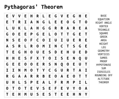 Pythagoras' Theorem Word Search