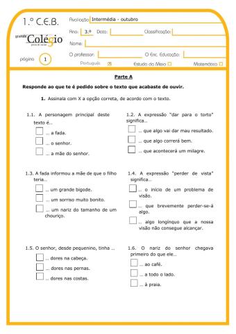 Ficha de avaliação de português - 3.º ano