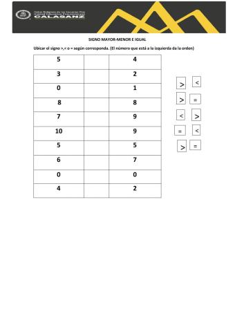 Signo mayor ,menor,e igual entre números del 0 al 10