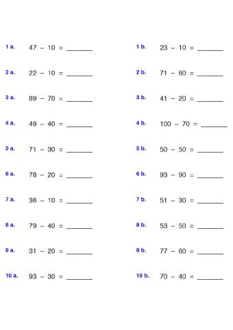 Resta de un número natural menor de 100 con una decena exacta