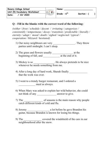 Vocabulary worksheet