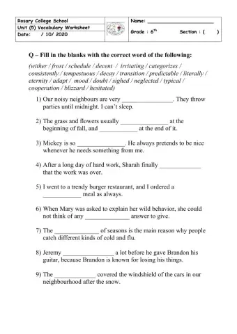 Vocabulary worksheet