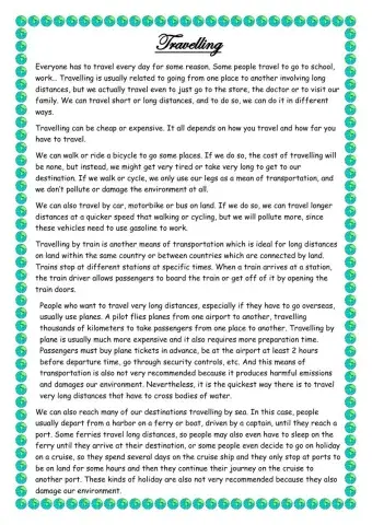 Reading Comprehension Travelling