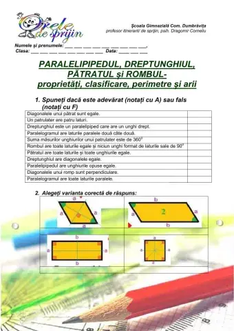 Paralelogramul, dreptunghiul, rombul, pătratul- proprietăți, clasificare, perimetru, arie