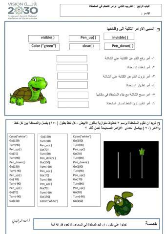 التدريب الثاني : أوامر التحكم في السلحفاة