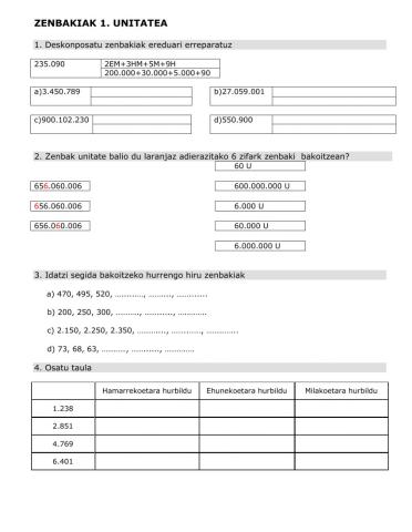 Zenbakiak 1. Unitatea
