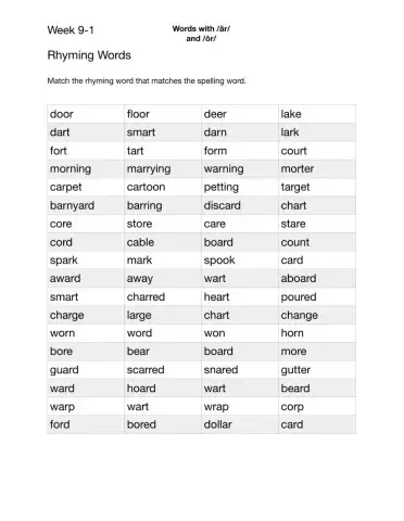 Ar and or words rhyming