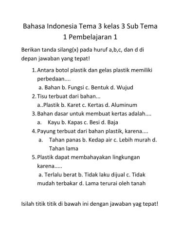Latihan soal Bahasa Indonesia Kelas 3 Tema 3