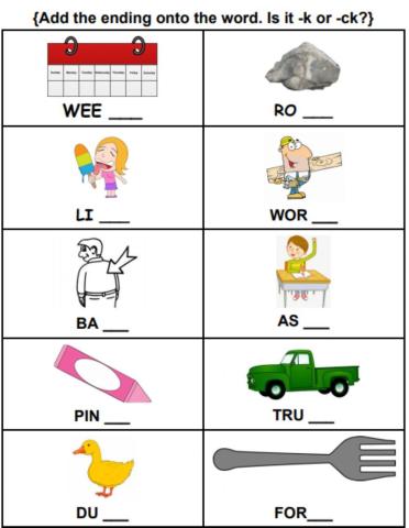 Ck or K Words Worksheet