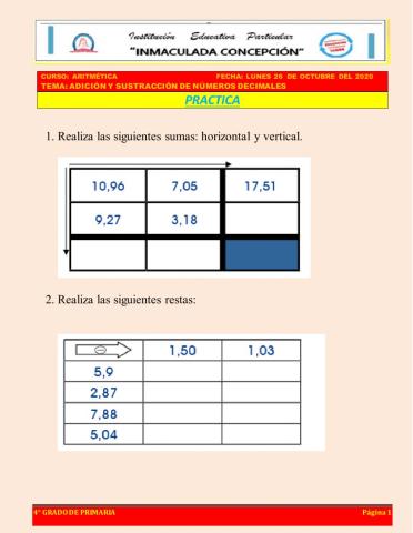 Adición y sustracción de números decimales