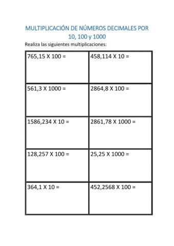 Multiplicación de números decimales por 10, 100 y 1000