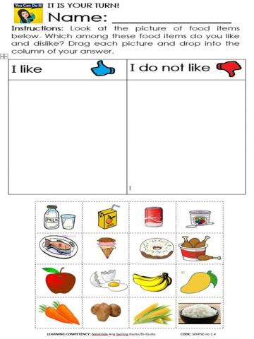 RECOGNIZING FOOD ITEMS THAT I LIKE AND DISLIKE (DRAG-AND-DROP)