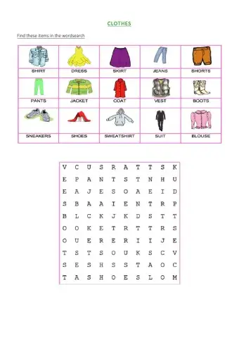 Clothes wordsearch