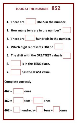 Number of hundreds ,tens and ones in a number
