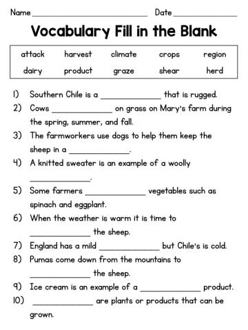 On the Farm Vocabulary Fill in the Blanks