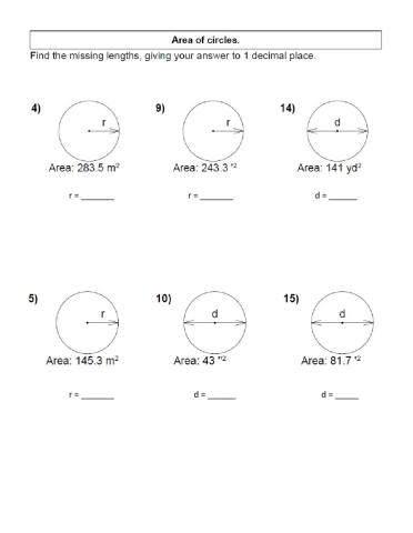 Area of Circles - Working Backwards