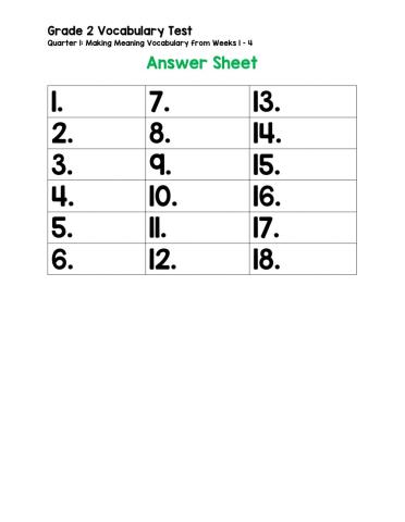 Answer Sheet for Vocab Test 1