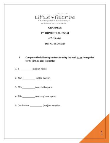 Grammar Exam 4th Grade
