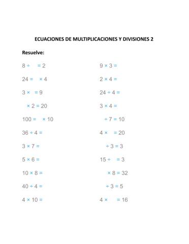 Ecuaciones de multiplicaciones y divisiones
