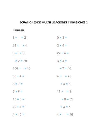 Ecuaciones de multiplicaciones y divisiones